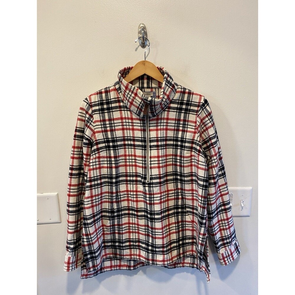 L.L. Bean Womens Plaid Flannel Pullover Anorak Size Medium 1/2 Zip 100% Cotton